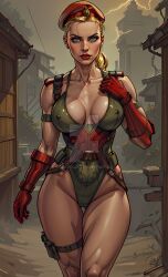 1girls ai_generated blonde_hair blue_eyes breasts buildings cammy_white capcom gloves green_leotard highleg highleg_leotard large_breasts leotard looking_at_viewer mexkwigo military_hat nipple_bulge ponytail street_fighter thigh_pouch thigh_strap