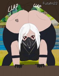 bubble_butt clapping_cheeks clothed clothed_female clothing dark-skinned_male fortnite futafn22 hush_(fortnite) interracial looking_at_viewer mask on_all_fours public queen_of_spades ripped_clothes ripped_clothing screenshot_background tagme white_hair