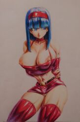 abs blue_eyes blue_hair bra_(dragon_ball) bra_briefs choker crop_top dragon_ball dragon_ball_gt drawing hairband large_breasts muscular muscular_female muscular_thighs nipples novasayajingoku panties skirt small_clothes solo solo_female thighhighs thighs tight_clothing tongue_out traditional_media_(artwork) veiny_breasts