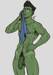 1boy abs antibooart beast_boy beast_boy_(young_justice) biceps dc dc_comics flaccid garfield_logan gay gay_male green_body green_eyes green_hair green_skin hairy_armpits male male_only muscular nipples nude pubic_hair solo teen_titans towel uncensored yaoi young_justice