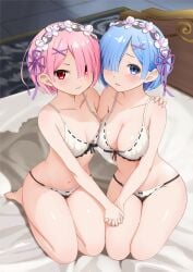 2girls absurdres barefoot black_panties blue_eyes blue_hair blush bow bow_bra bow_panties bra breasts cleavage collarbone gibun_(sozoshu) hair_ornament hair_over_one_eye hair_ribbon highres holding_hands indoors interlocked_fingers lesbian looking_at_viewer maid_headdress medium_breasts multiple_girls navel on_bed open_mouth panties pink_hair purple_ribbon ram_(re:zero) re:zero_kara_hajimeru_isekai_seikatsu red_eyes rem_(re:zero) revision ribbon ribbon-trimmed_bra ribbon-trimmed_clothes ribbon_trim short_hair siblings sisters sitting skindentation small_breasts thighs twins underwear underwear_only white_bra x_hair_ornament yuri