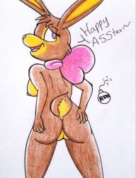 animal_humanoid anthro ass biped bow_ribbon breasts brown_body brown_fur cadbury cadbury_bunny easter female fur genitals holiday_message holidays humanoid lagomorph lagomorph_humanoid leporid mammal mammal_humanoid mascot nude pink_nose purple_eyes pussy rabbit reddragonkan simple_background solo traditional_media_(artwork)