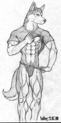 2000 abs anthro black_and_white bulge canid canine canis clothed clothing clothing_lift domestic_dog genital_outline graphite_(artwork) husky male mammal monochrome muscular muscular_anthro muscular_male nipples nordic_sled_dog nudog pecs pencil_(artwork) penis_outline pubes shirt shirt_lift solo spitz thong topwear traditional_media_(artwork) underwear undressing