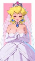 1girls 1girls 2023 arm_gloves big_lips blonde_hair blush breasts cleavage closed_eyes crown dick_sucking_lips dress earrings female female_focus female_only hands_together hi_res kissable_lips lips lipstick mario_(series) nintendo pink_lips pink_lipstick princess_peach rizdraws smile solo super_mario_odyssey thick_lips wedding_dress wedding_peach_(super_mario_odyssey) wedding_veil white_woman