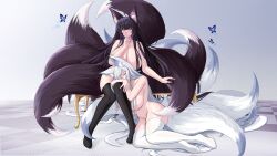 2girls animal_ears azur_lane black_hair finger_to_mouth fox_ears fox_girl fox_tails light-skinned_female light_skin multiple_girls multiple_tails musashi_(azur_lane) naked sainee sakura_empire_(azur_lane) shinano_(azur_lane) silver_hair sitting tagme tails thighs yuri