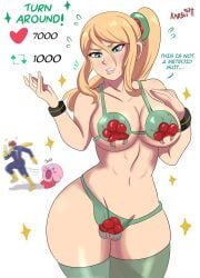 1girls 2023 aqua_eyes artist_name bikini blonde_hair captain_falcon clothes_removed dialogue english_text female female_only green_thighhighs hi_res karbuitt kirby kirby_(series) long_hair metroid metroid_(creature) nintendo ponytail samus_aran solo strip_game super_smash_bros. text thick_thighs thighhighs twitter_strip_game_(meme) undressed white_background wristband