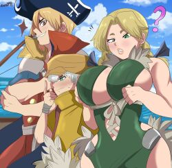 1girls 2023 2boys ? artist_name big_breasts blonde_hair blush brown_eyes dr.stone embarrassed female green_eyes hair_ribbon hanada_nikki hat hi_res karbuitt lifting_breasts long_hair looking_at_own_breasts male nanami_ryusui nikki_(dr.stone) pirate_hat saionji_ukyo smile trio twin_braids wavy_mouth white_hair