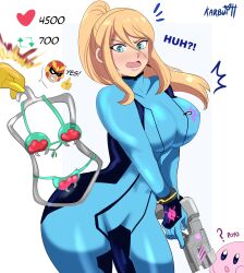 1girls 2023 absurd_res aqua_eyes artist_name bikini blonde_hair blush bodysuit captain_falcon english_text female female_only girls_reacting_to_bikini_(meme) karbuitt kirby kirby_(series) long_hair metroid nintendo ponytail samus_aran shocked shocked_expression solo strip_game super_smash_bros. text twitter_strip_game_(meme) white_background zero_suit zero_suit_samus