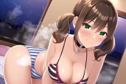 ai_generated bedroom bent_over brown_hair city collar fart fart_cloud fart_everywhere farting farts female green_eyes gyaru night novelai pov smile smiling smiling_at_viewer twintails window
