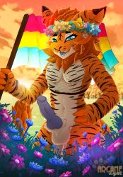 anthro arcanelynx clothing fishnet fishnet_clothing fishnet_topwear flag_(object) flower flower_crown flower_field flower_garland freedom genitals happy hi_res male nude original_character pan penis pinup plant pose pride solo sunset topwear