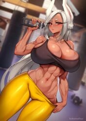 1girls abs alternate_version_available animal_ears big_breasts blush bottomwear breasts bunny_ears cleavage clothing female female_only gym gym_clothes gym_uniform hair huge_breasts kokonattsu long_hair miruko muscular muscular_female my_hero_academia pants red_eyes rumi_usagiyama solo solo_female sports_bra sportswear sweat sweatdrop sweating sweaty topwear water_bottle white_hair yellow_pants