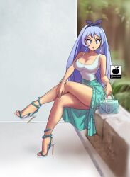 1girls anime_nose blue_eyes blue_hair clothed clothing female female_only fully_clothed handbag high_heels hoop_earrings human jewelry linkartoon long_hair my_hero_academia nejire_hado no_visible_genitalia outdoors skirt solo stiletto_heels tank_top