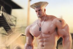 1boy 3d 3d_(artwork) abs american_flag american_flag_tattoo bara biceps big_arms big_muscles big_pecs blonde_hair daddy dilf gay guile human light-skinned_male light_skin male male_only muscles muscular_human muscular_male no_visible_genitalia pecs phukart shirtless soldier street_fighter street_fighter_6 tattoo