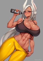 1girls abs alternate_background alternate_version_available animal_ears big_breasts blush bottomwear breasts bunny_ears cleavage clothing female female_only gym_clothes gym_uniform hair huge_breasts kokonattsu long_hair miruko muscular muscular_female my_hero_academia no_background pants red_eyes rumi_usagiyama solo solo_female sports_bra sportswear sweat sweatdrop sweating sweaty topwear water_bottle white_hair yellow_pants