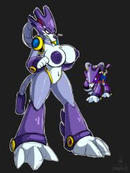 anthro armor big_breasts breasts canid canine canis capcom claws confusion female gem headgear helmet hi_res iniquity looking_at_breasts machine mammal mega_man_(series) nipples purple_body purple_nipples red_eyes robot solo spikes standing tail teeth teeth_showing treble_(mega_man) tube wolf