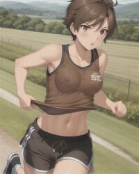 1girls 2020s 2023 ai_generated armpit athletic athletic_female black_shorts blue_shoes blue_sky blush breasts breasts_visible_through_clothing brown_eyes brown_hair brown_tank_top clouds core countryside day dolphin_shorts drawstring exposed_belly female female_only fence fencepost fences flowers hills letters light-skinned_female light_skin logo_on_topwear manga medium_breasts messy messy_hair mountains musclegut muscles muscular muscular_female muscular_torso nipples nipples_visible_through_clothing outdoors runner running semi-transparent_top shiny_skin short_brown_hair short_hair short_hair_female short_top shorts side_slit sneakers solo striped_bottomwear strong_tomboy_(spectrum) sweat sweaty sweaty_breasts tank_top teenage_girl teenager tomboy topwear trees two_tone_bottomwear two_tone_bottomwear_(blackandwhite) two_tone_footwear two_tone_footwear_(blackandwhite) two_tone_topwear_(blackandbrown) white_stripes words