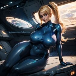 ai_generated big_breasts blonde_hair blue_eyes bodysuit curvy hourglass_figure huge_breasts metroid samus_aran stable_diffusion thick_thighs tight_clothing vilacrym wide_hips