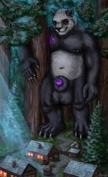 anthro balls bear darwin_(xodd) forest genitals gevual giant_panda hi_res macro male mammal muscular night nude outside plant solo tree village