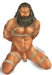 1boy 1male abs artist_name balls ballsack bara bara_tiddies bara_tits beard beefy big_pecs blackbeard bondage brown_eyes edward_teach facial_hair foreskin gaycocaptain hands_behind_back human intact kneeling long_hair_male looking_at_viewer male male_nipples male_only manly mature_male muscles muscular_male mustache nude_male our_flag_means_death partially_retracted_foreskin pecs penis pirate salt_and_pepper_hair scars scrotum semi-erect shaved_crotch smooth_skinned_male solo tattoos testicles uncut veiny_penis white_background