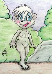 1girls anthro badger blue_eyes blush cub female forest genitals hanna-barbera mammal michelle mustelid musteline nipples nude once_upon_a_forest plant pussy reddragonkan solo tree young