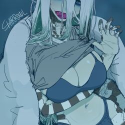 arm_under_breast arm_under_breasts armwear blank_background blue_background blue_bra bra breasts ivy_(sparrowl) long_hair long_hair_female looking_at_viewer original plain_background scales sharp_teeth snake snake_girl sparrowl white_hair