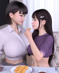 2girls 3d aunt aunt_and_niece ayumi_(viiseon) black_hair bob_cut clothed cookies crop_top dress_shirt drink english_text eye_contact female female_only fit fit_female food indoors inside light-skinned_female light_skin long_hair makeup niece shorts sitting sitting_on_chair table tea text thick thick_ass thick_thighs viiseon yuna_(viiseon)