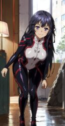 ai_generated bent_over blush bodysuit guilty_crown indoors latex long_hair medium_breasts purple_eyes rock ruins smile solo stable_diffusion tsugumi_(guilty_crown)