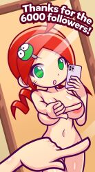 1girl 1girls andou_ringo areola areola_slip areolae areolae_peeking big_breasts breasts follower_celebration furii_(artist) large_breasts milestone_celebration mirror mirror_selfie navel one_finger_selfie_challenge puyo_puyo puyo_puyo_7 puyo_puyo_artstyle red_hair selfie