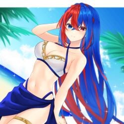 1girls 2023 alear_(female)_(fire_emblem) alear_(fire_emblem) alternate_costume bare_arms bare_shoulders beach bikini blue_eyes blue_hair blue_sky breasts cleavage cloud commentary_request day female female_only fire_emblem fire_emblem_engage hair_between_eyes hand_up heterochromia highres long_hair looking_at_viewer medium_breasts multicolored_hair navel nekoyasiki_luna nintendo palm_tree red_eyes red_hair sand sarong sea sky smile solo stomach streaked_hair swimsuit thighlet very_long_hair white_bikini white_swimsuit