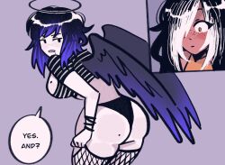 angel angel_wings ass big_ass black_panties blush comic_panel curvy curvy_female curvy_figure fishnet_legwear hair_over_one_eye halo heavy_blush kaina_(megrocks) megrocks mob_face pale-skinned_female pale_skin panties thick_ass thin_waist two_tone_hair