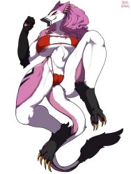 absurd_res anthro areola big_breasts bikini breasts claws clothed clothing female fur genitals hair hi_res looking_at_viewer pussy sergal simple_background smile solo swimwear taphris white_background white_body