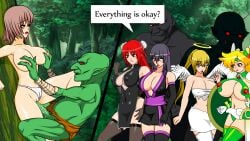 5girls areolae breast_grab dark-skinned_male dark_skin darkhen1410 elf_female english_text female forest forest_background goblin goblin_male hetero huge_breasts human_female koooon_soft koooonsoft_angel_girl koooonsoft_kungfu_girl koooonsoft_shinobi_girl koooonsoft_warrior_girl koooonsoft_witch_girl light-skinned_female light_skin male mostly_nude_female multiple_boys navel nipples ogre open_mouth orc orc_male panels speech_bubble thong thong_aside vaginal_penetration white_thong