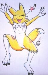 aged_down anthro bandai_namco canid canine digimon digimon_(species) female flat_chested fox genitals hi_res jumping mammal nude open_mouth pussy reddragonkan renamon solo