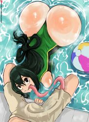 1boy 1girls arachnart ass breasts dat_ass female green_hair hi_res hips huge_ass light-skinned_female light_skin long_hair long_tongue male my_hero_academia naughty_face partial_male pool stealth_oral swimming_pool swimsuit thick_thighs thighs tongue_out tonguejob tsuyu_asui wedgie wide_hips