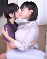 1futa 1girls 3d alternate_hairstyle ayumi_(viiseon) black_hair bob_cut breast_press breast_squish breasts_frottage bulge clothed crop_top dress_shirt drink embrace english_text eye_contact female fit fit_female food futanari heart hugging indoors inside kissing light-skinned_female light_skin long_hair makeup shirt_pull shorts sitting sitting_on_chair sitting_on_lap sitting_on_person table tea text thick thick_ass thick_thighs tied_hair twintails viiseon yuna_(viiseon)