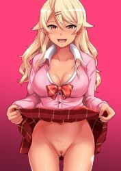 1girls amaryllis_gumi ass_visible_from_the_front ass_visible_through_thighs cowboy_shot earrings gal gyaru gyaru_gal haruhisky highres jewelry kuro_gyaru lifted_by_self long_sleeves looking_at_viewer miniskirt no_panties non-web_source ouga_saki paid_reward pink_background pink_theme plaid plaid_skirt pleated_skirt pubic_hair red_skirt skirt skirt_lift solo virtual_youtuber