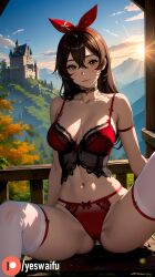 1girls ai_generated amber_(genshin_impact) brown_eyes brown_hair cameltoe castle genshin_impact lingerie looking_at_viewer shy tagme yeswaifu