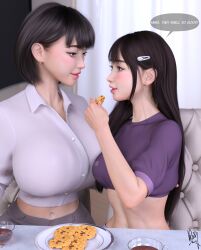 2girls 3d ayumi_(viiseon) black_hair bob_cut clothed cookies crop_top dress_shirt drink english_text eye_contact female female_only fit fit_female food indoors inside light-skinned_female light_skin long_hair makeup shorts sitting sitting_on_chair table tea text thick thick_ass thick_thighs viiseon yuna_(viiseon)