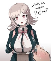 1boy 1girls big_breasts button_gap danganronpa danganronpa_2:_goodbye_despair dotonburi english_text female female_focus hair_ornament hairclip hinata_hajime male nanami_chiaki pink_eyes pink_ribbon spike_chunsoft tagme text