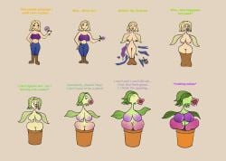 :>= breast_expansion english_text female fuckplant funwall huge_breasts lip_expansion nipples plant_transformation skin_color_change suckplant text thick_thighs transformation transformation_sequence wide_hips