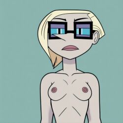 ai_generated blonde_hair breasts candide_sampson clone_high glasses halfaslime irritated looking_at_viewer nipples upper_body