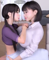 1futa 1girls 3d alternate_hairstyle ayumi_(viiseon) black_hair bob_cut breast_press breast_squish breasts_frottage bulge clothed crop_top dress_shirt drink embrace english_text eye_contact female fit fit_female food futanari groping groping_ass hands_on_ass heart hugging indoors inside light-skinned_female light_skin long_hair long_tongue makeup shirt_pull shorts sitting sitting_on_chair sitting_on_lap sitting_on_person table tea text thick thick_ass thick_thighs tied_hair twintails viiseon yuna_(viiseon)