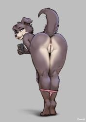 2023 5_fingers anthro anus ass beastars canid canine canis clothing digital_media_(artwork) eyebrows female fingers foxovh fur genitals hi_res holding_object juno_(beastars) mammal panties pussy rear_view simple_background solo tongue underwear wolf