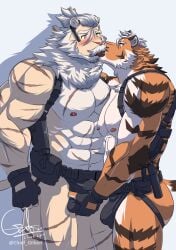 2023 abs absurd_res age_difference anthro anthro_on_anthro areola ass barazoku beard biceps biped blush bodily_fluids brown_body brown_fur brown_stripes bulge bulge_grab chief_gilbert clothed clothing digital_media_(artwork) duo eyebrows facial_hair felid fingerless_gloves french_kissing fur genital_fluids gloves gun gunn_(chief_gilbert) hair handwear hi_res jockstrap kissing lion male male/male mammal mane mature_anthro mature_male moustache muscular muscular_anthro muscular_male nipples open_mouth pantherine pecs precum precum_through_clothing precum_through_underwear ranged_weapon saliva scar striped_body striped_fur stripes tail tan_body tan_fur tiger tongue topless underwear weapon wet wet_clothing white_body white_fur white_hair white_mane younger_anthro younger_male