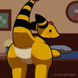 among_us ampharos ass bed bedroom big_butt blush bubble chubby_female evince-partaker female feral furniture generation_2_pokemon genitals hi_res innersloth lamp looking_at_viewer looking_back markings nightstand nintendo picture_frame pillow pokemon pokemon_(species) presenting pussy raised_tail slightly_chubby smile striped_markings striped_tail stripes tail tail_markings thick_thighs