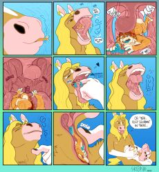 anthro balls bodily_fluids comic dialogue duo equid equine genital_fluids genitals hi_res internal lagomorph leporid male male/male mammal masturbation micro mouth_shot open_mouth oral_vore penis precum rabbit skonk speech_bubble uvula vore