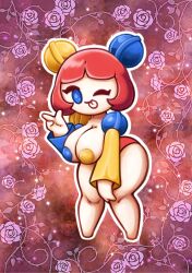 adorable big_breasts blue_eyes breast_squish breasts cookie_run cubesmolly cute half-dressed leaning_forward lollipop looking_at_viewer maiya_(cubesmolly) multicolored_nipples original_character panties red_hair smile soff_doll tagme tongue_out wink