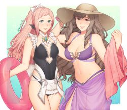 2023 2girls alternate_costume alternate_hairstyle artist_name bare_arms bare_shoulders bikini black_one-piece_swimsuit black_swimsuit blue_eyes blush breasts brown_eyes brown_hair cleavage commentary commission cowboy_shot felicia_(fire_emblem) female female_only fire_emblem fire_emblem_awakening fire_emblem_fates grin hair_ornament hairbow hat highres hiomaika holding holding_towel innertube large_breasts light-skinned_female light_skin long_hair looking_at_viewer maid medium_breasts multiple_girls navel nintendo one-piece_swimsuit pink_hair ponytail purple_bikini purple_swimsuit sarong simple_background smile standing stomach sumia_(fire_emblem) sun_hat swimsuit thighs towel very_long_hair watermark