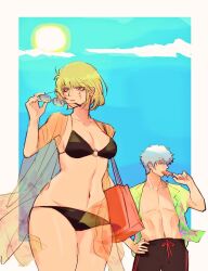 1boy 1girls armpits beach bikini black_bikini blonde_hair bob_cut child_bearing_hips cleavage facial_scar female gintama gintoki_sakata hawaiian_shirt male medium_breasts official_alternate_costume outside popsicle see-through_clothing short_hair shouinoue sunglasses sunglasses_removed swimsuit thick_thighs tsukuyo wide_hips