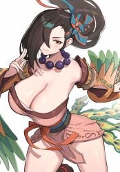 1girls absurdres alternate_costume bare_shoulders bead_necklace beads blush bouncing_breasts breasts brown_eyes brown_hair cleavage cowboy_shot detached_sleeves fake_tail fake_wings female female_only fire_emblem fire_emblem_fates fire_emblem_heroes gonzarez hair_ornament hair_over_one_eye hand_up highres japanese_clothes jewelry kagero_(fire_emblem) kagero_(winds_offered)_(fire_emblem) large_breasts long_hair looking_at_viewer mature_female necklace ninja nintendo official_alternate_costume pelvic_curtain ponytail solo tail white_background wings